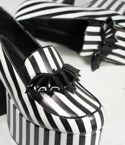 YRU (Strange Cvlt) Black & White Stripe Vegan Leather Banshee Platform Heels Shoes