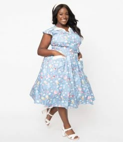 Unique Vintage Plus Size Blue & Multi Cat Print Hedda Swing Dress