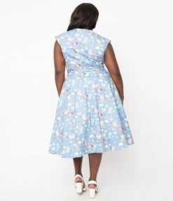 Unique Vintage Plus Size Blue & Multi Cat Print Hedda Swing Dress