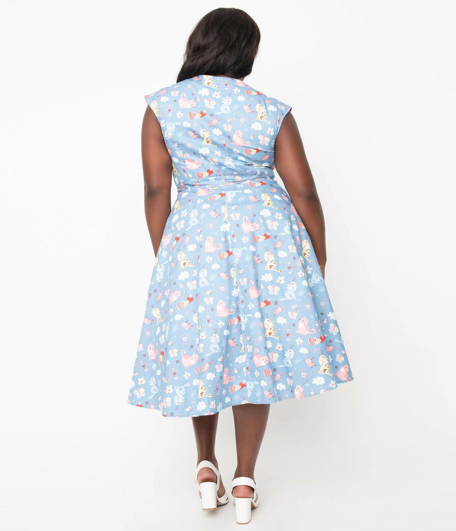 Unique Vintage Plus Size Blue & Multi Cat Print Hedda Swing Dress