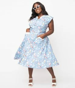 Unique Vintage Plus Size Blue & Multi Cat Print Hedda Swing Dress