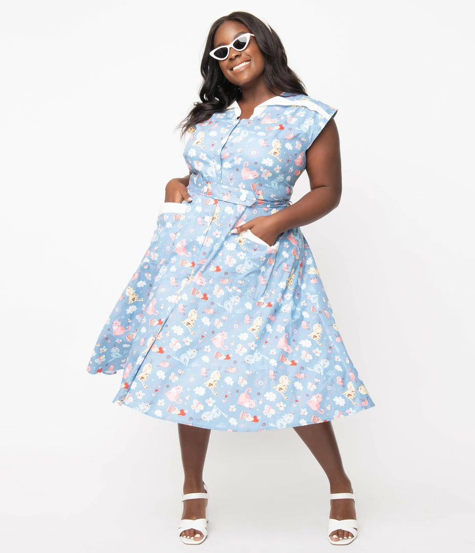 Unique Vintage Plus Size Blue & Multi Cat Print Hedda Swing Dress