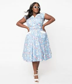 Unique Vintage Plus Size Blue & Multi Cat Print Hedda Swing Dress
