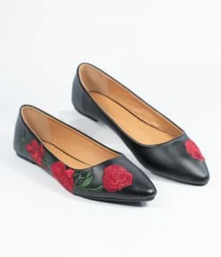 East Lion (Qupid) Black & Red Embroidered Florals Leatherette Flats Shoes