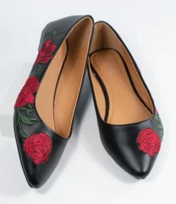 East Lion (Qupid) Black & Red Embroidered Florals Leatherette Flats Shoes