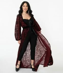 Tops Unique Vintage Burgundy Deco Devore Velvet Hollywood Duster