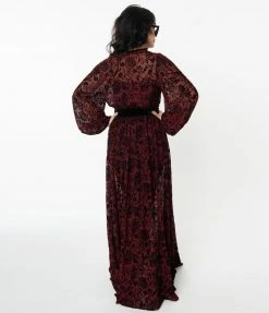 Tops Unique Vintage Burgundy Deco Devore Velvet Hollywood Duster