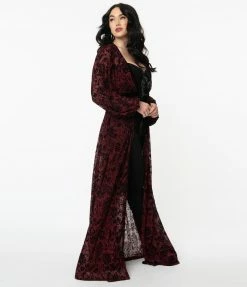 Tops Unique Vintage Burgundy Deco Devore Velvet Hollywood Duster