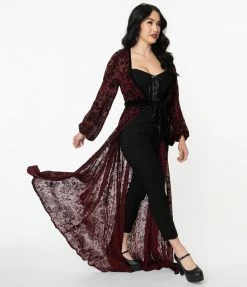 Tops Unique Vintage Burgundy Deco Devore Velvet Hollywood Duster