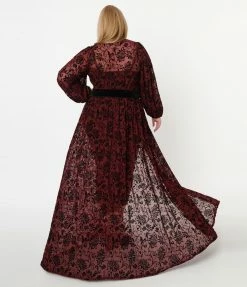 Unique Vintage Plus Size Burgundy Deco Devore Velvet Hollywood Duster 1950s