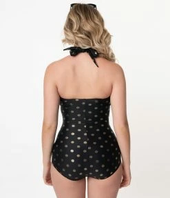 Coral & Jade Apparel, LLC (Bettie Page, Esther Williams, Girl Howdy) Esther Williams Vintage Black & Gold Polka Dot Swimsuit Swimwear