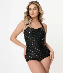 Coral & Jade Apparel, LLC (Bettie Page, Esther Williams, Girl Howdy) Esther Williams Vintage Black & Gold Polka Dot Swimsuit Swimwear