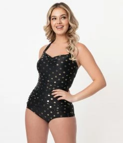 Coral & Jade Apparel, LLC (Bettie Page, Esther Williams, Girl Howdy) Esther Williams Vintage Black & Gold Polka Dot Swimsuit Swimwear