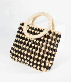 FAME Accessories 1960s Retro Style Black & Tan Beaded Handbag