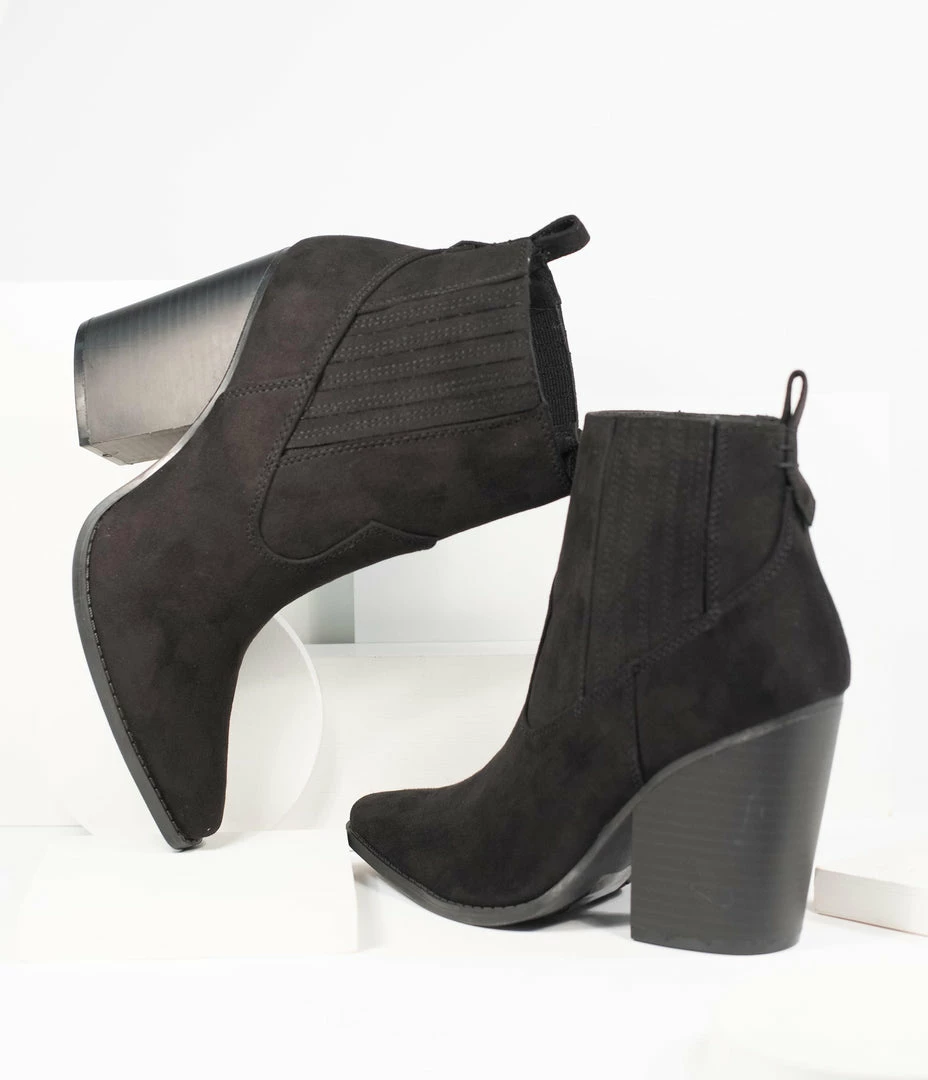 Verona Collection Western Style Black Pointed Toe Suede Bootie Shoes