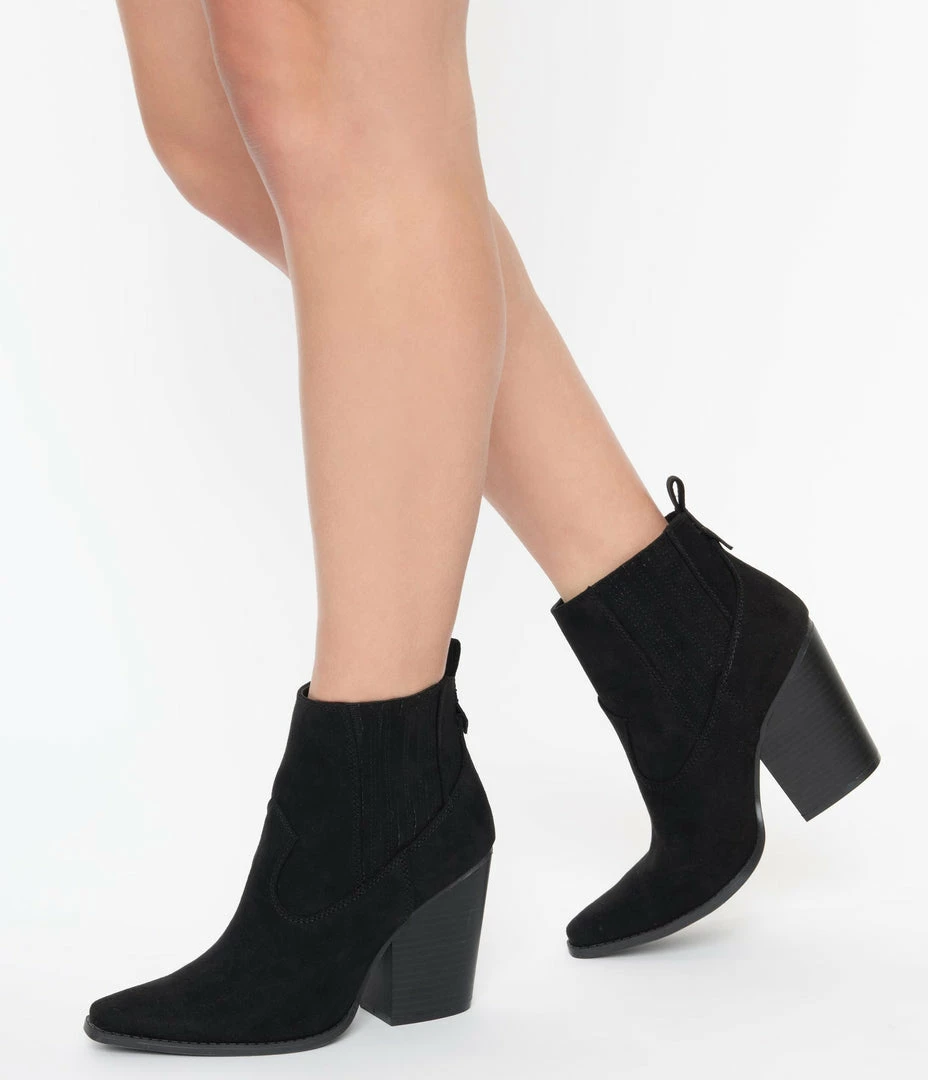 Verona Collection Western Style Black Pointed Toe Suede Bootie Shoes