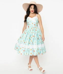 Unique Vintage Light Blue Mushroom Print Darienne Swing Dress