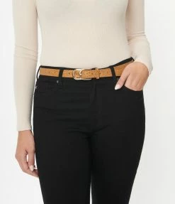 FAME Accessories Tan Crocodile Leatherette Double Buckle Belt