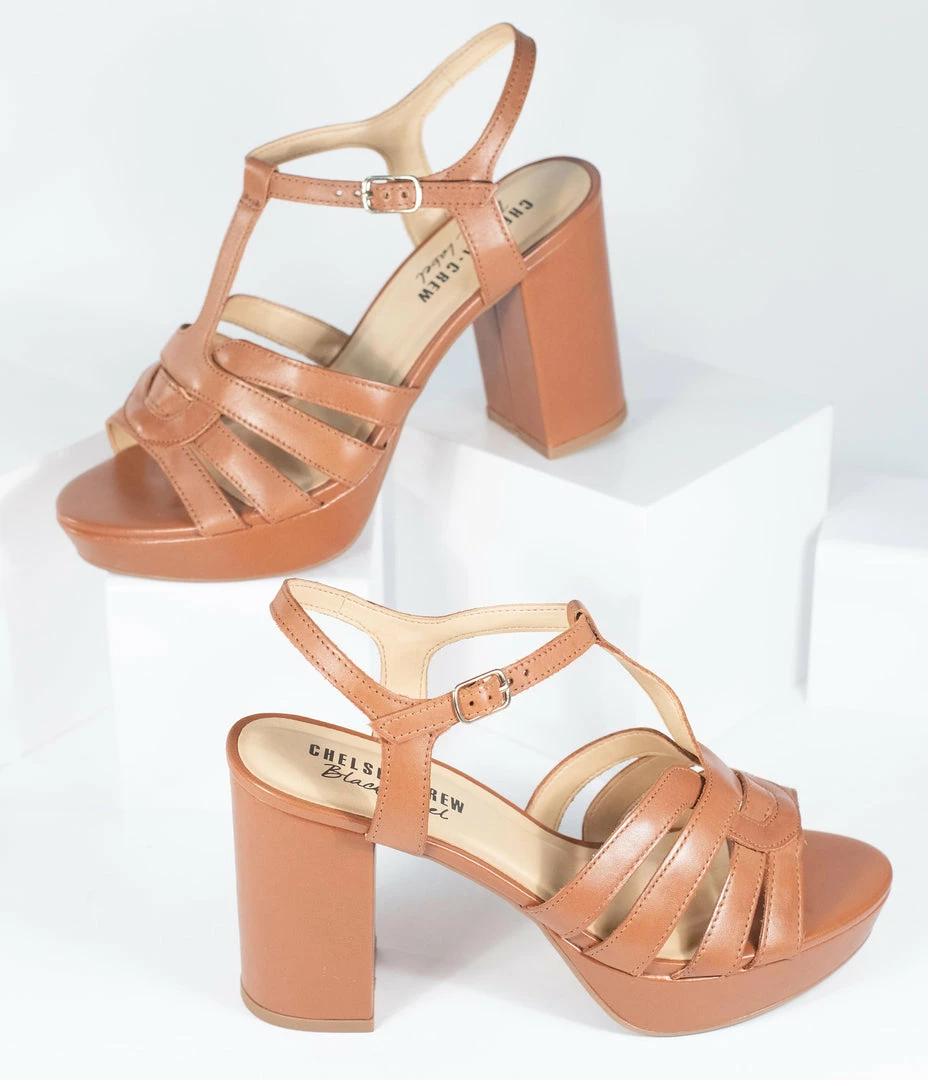 Demfon International (Chelsea Crew) Chelsea Crew Tan Leather Dolce Platform T-Strap Heels