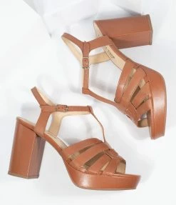 Demfon International (Chelsea Crew) Chelsea Crew Tan Leather Dolce Platform T-Strap Heels