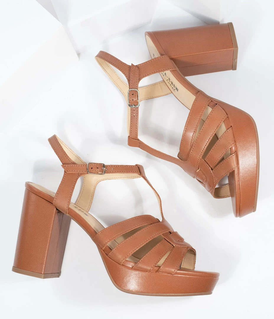 Demfon International (Chelsea Crew) Chelsea Crew Tan Leather Dolce Platform T-Strap Heels