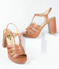 Demfon International (Chelsea Crew) Chelsea Crew Tan Leather Dolce Platform T-Strap Heels