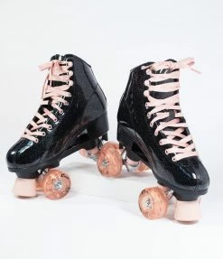 Roller Derby 1970s Black Glitter & Rose Gold Quad Roller Skates
