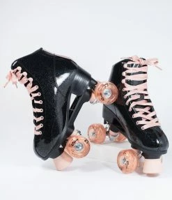 Roller Derby 1970s Black Glitter & Rose Gold Quad Roller Skates