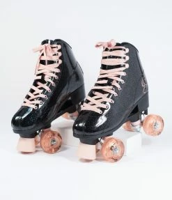 Roller Derby 1970s Black Glitter & Rose Gold Quad Roller Skates