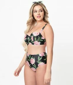 Bettie Page X Playful Promises Black & Pink Roses Claudette Swim Bottom