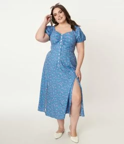 Unique Vintage Plus Size Blue & Heart Print Wild Hearts Run Free Midi Dress