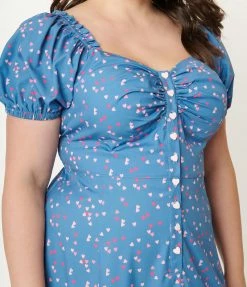Unique Vintage Plus Size Blue & Heart Print Wild Hearts Run Free Midi Dress