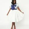1930s & 1940s Unique Vintage Plus Size White & Navy Seas The Day Swing Dress