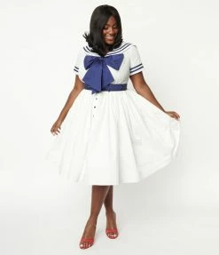 1930s & 1940s Unique Vintage Plus Size White & Navy Seas The Day Swing Dress