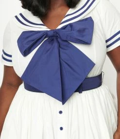 1930s & 1940s Unique Vintage Plus Size White & Navy Seas The Day Swing Dress