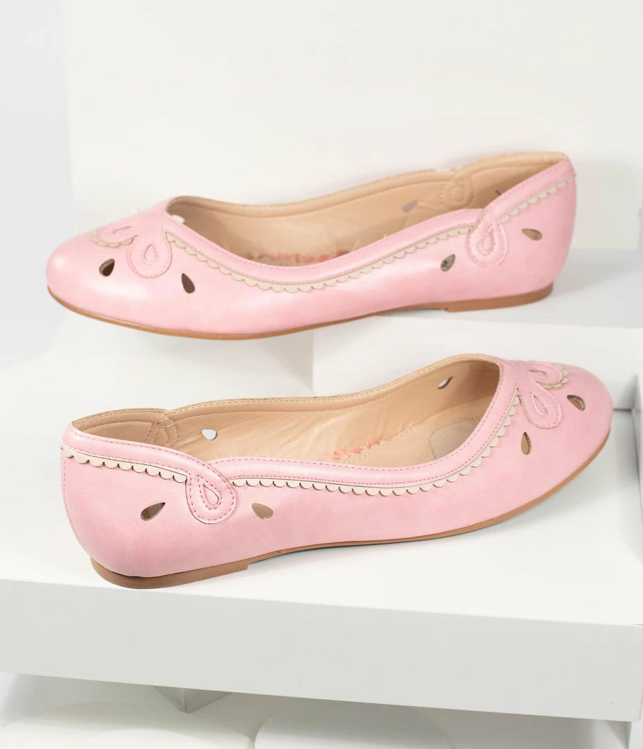 Ellie Shoes Bettie Page Pink Leatherette Cutout Dolly Flats