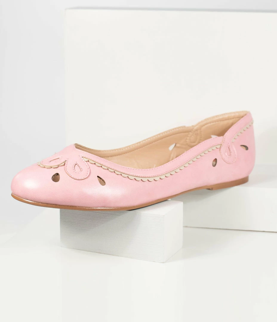 Ellie Shoes Bettie Page Pink Leatherette Cutout Dolly Flats