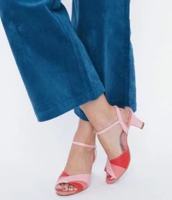 Ellie Shoes Bettie Page Pink & Red Leatherette Daphne Peep Toe Heels