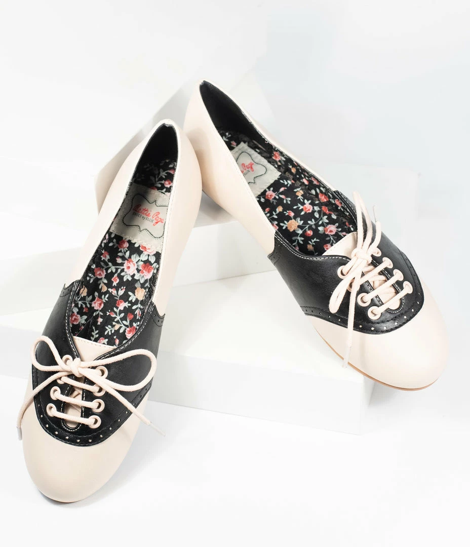 Ellie Shoes Bettie Page Retro Cream & Black Halle Oxford Saddle Shoes 1950s