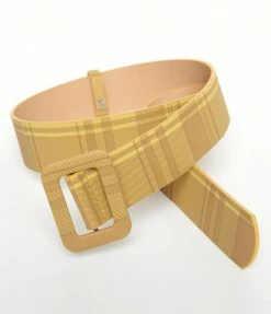 Unique Vintage Mustard & Brown Plaid Leatherette Slide Belt