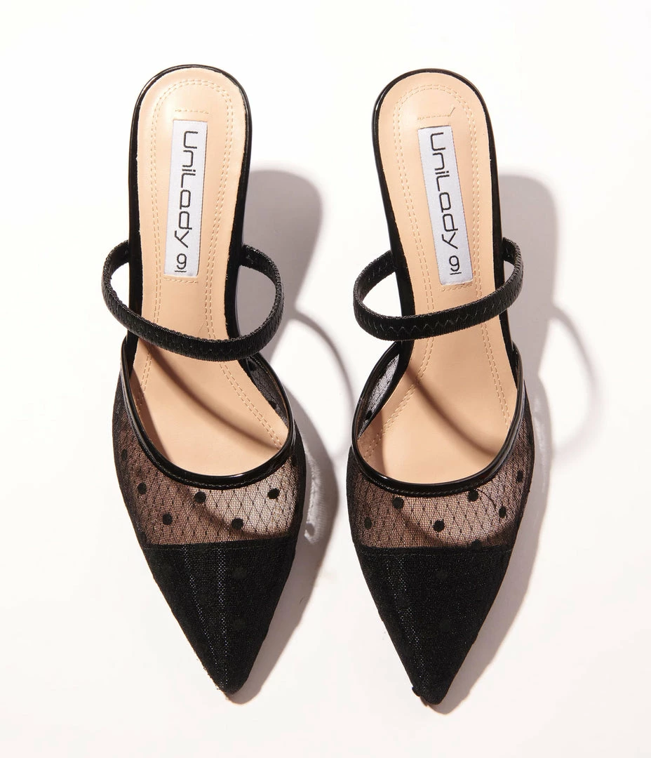 Verona Collection Black Swiss Dot Pointed Toe Kitten Heel 1950s