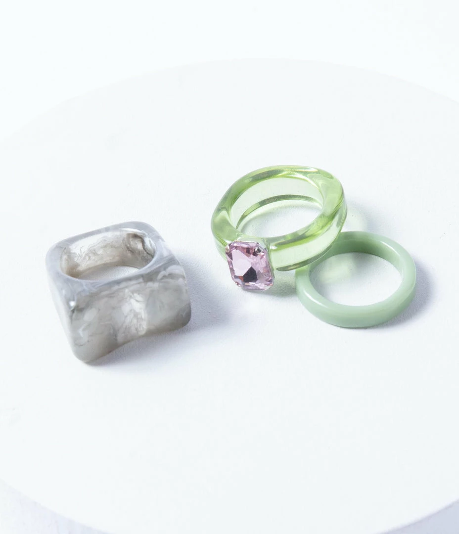 FAME Accessories Grey & Green Resin Rhinestone Three Ring Set