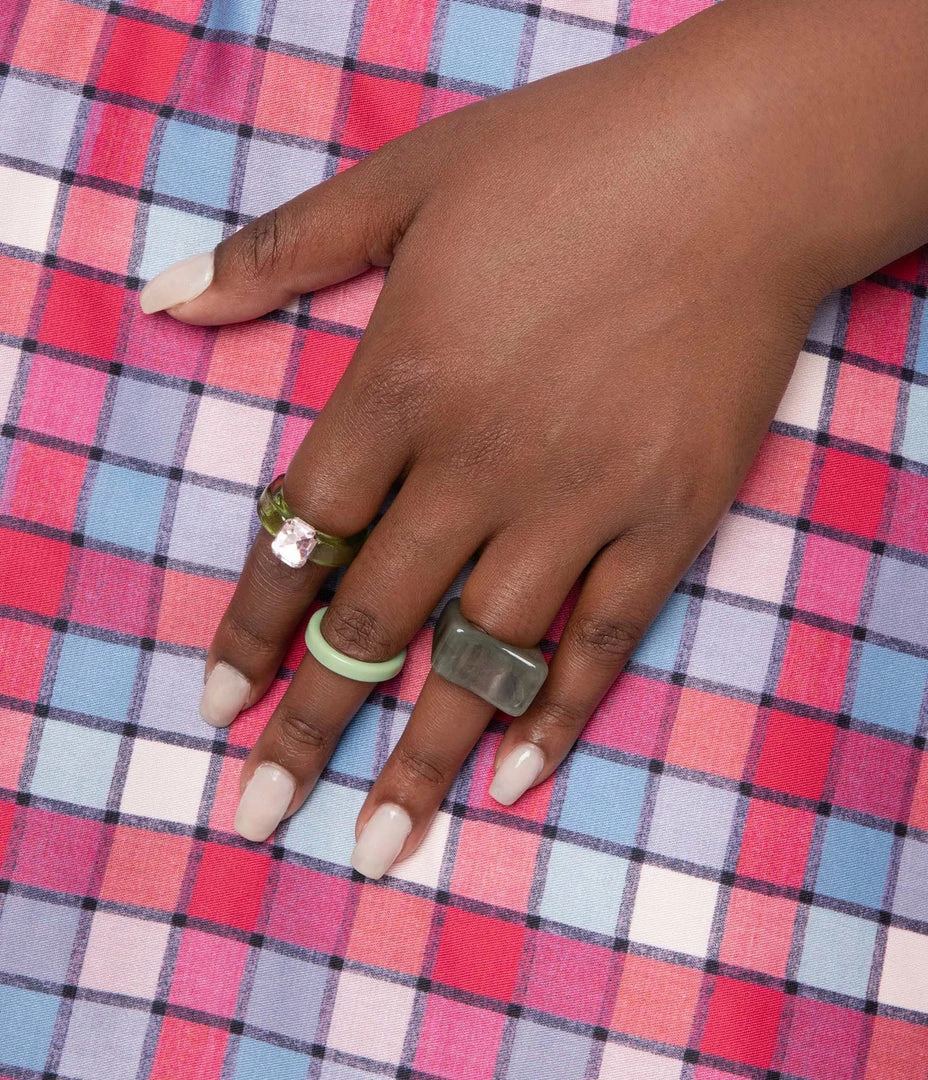 FAME Accessories Grey & Green Resin Rhinestone Three Ring Set