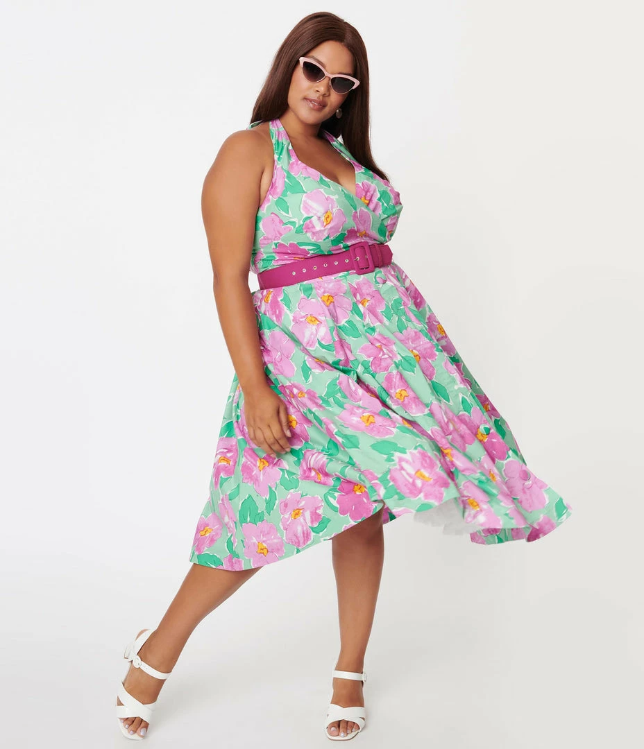 Unique Vintage Plus Size Green & Lilac Floral Print Tarrytown Hostess Dress