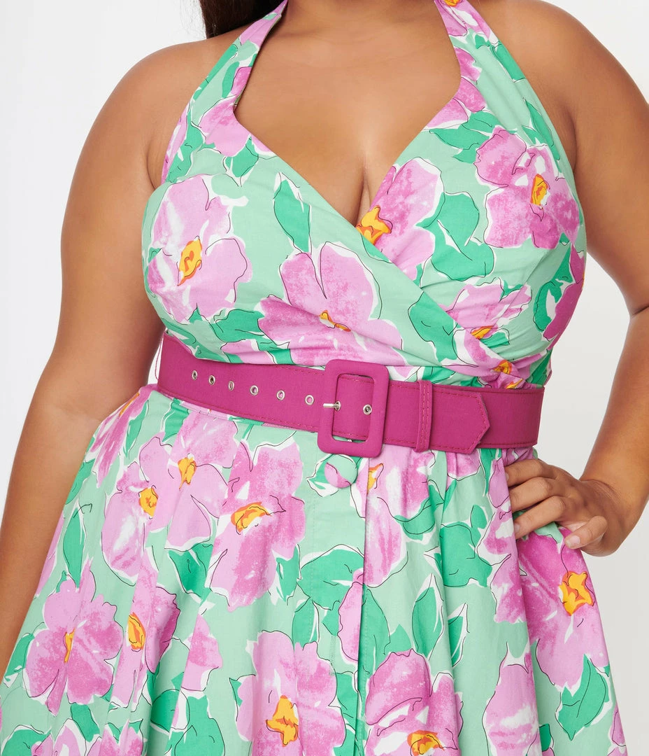 Unique Vintage Plus Size Green & Lilac Floral Print Tarrytown Hostess Dress