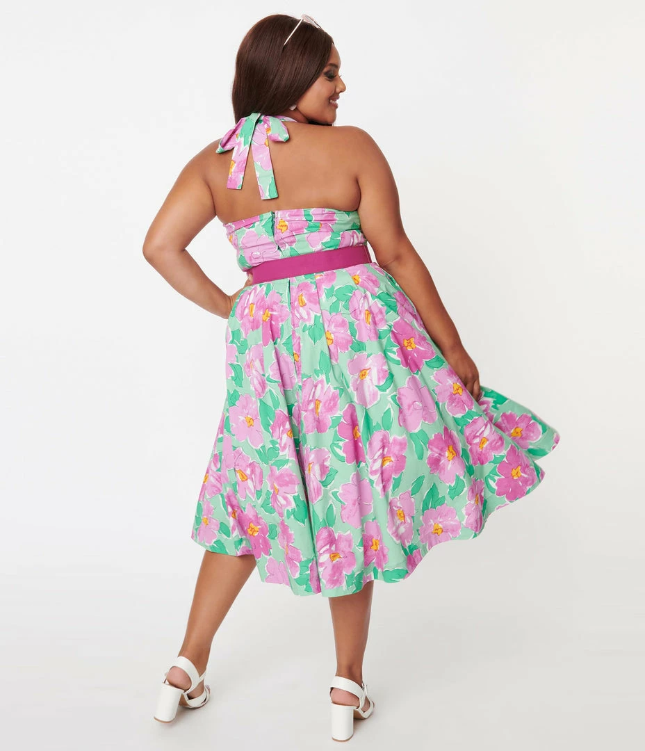 Unique Vintage Plus Size Green & Lilac Floral Print Tarrytown Hostess Dress