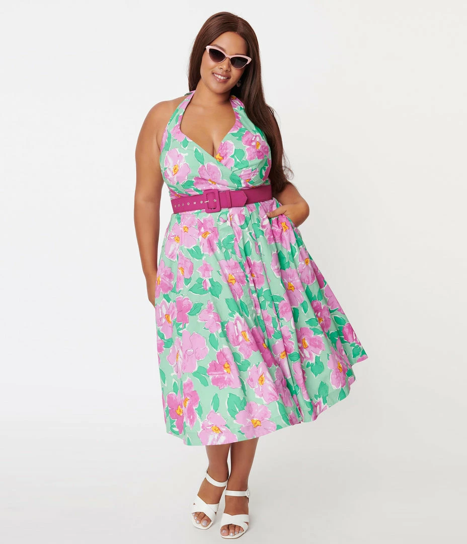Unique Vintage Plus Size Green & Lilac Floral Print Tarrytown Hostess Dress
