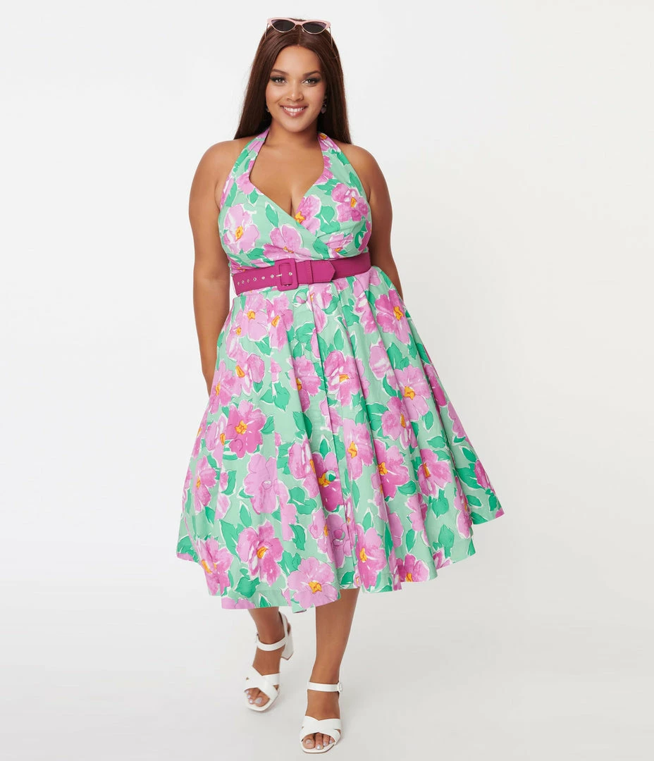 Unique Vintage Plus Size Green & Lilac Floral Print Tarrytown Hostess Dress