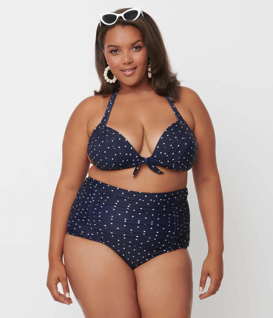 Unique Vintage Plus Size Navy & White Pin Dot Print Monroe Swim Top Swimwear