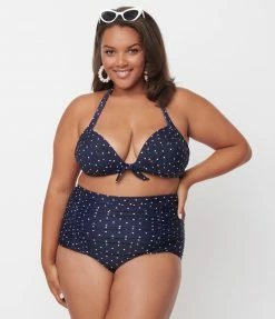 Unique Vintage Plus Size Navy & White Pin Dot Print Monroe Swim Top Swimwear